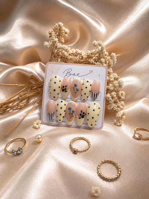 Blueberry Bloom press-on nails with soft blue floral details