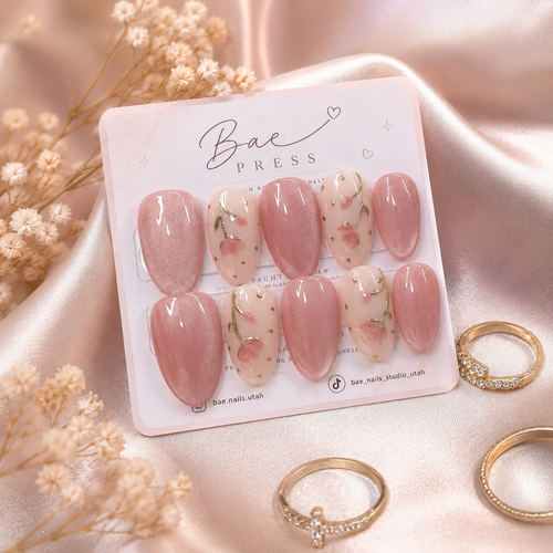Blush Petals press-on nails with blush pink palette and hand-painted florals