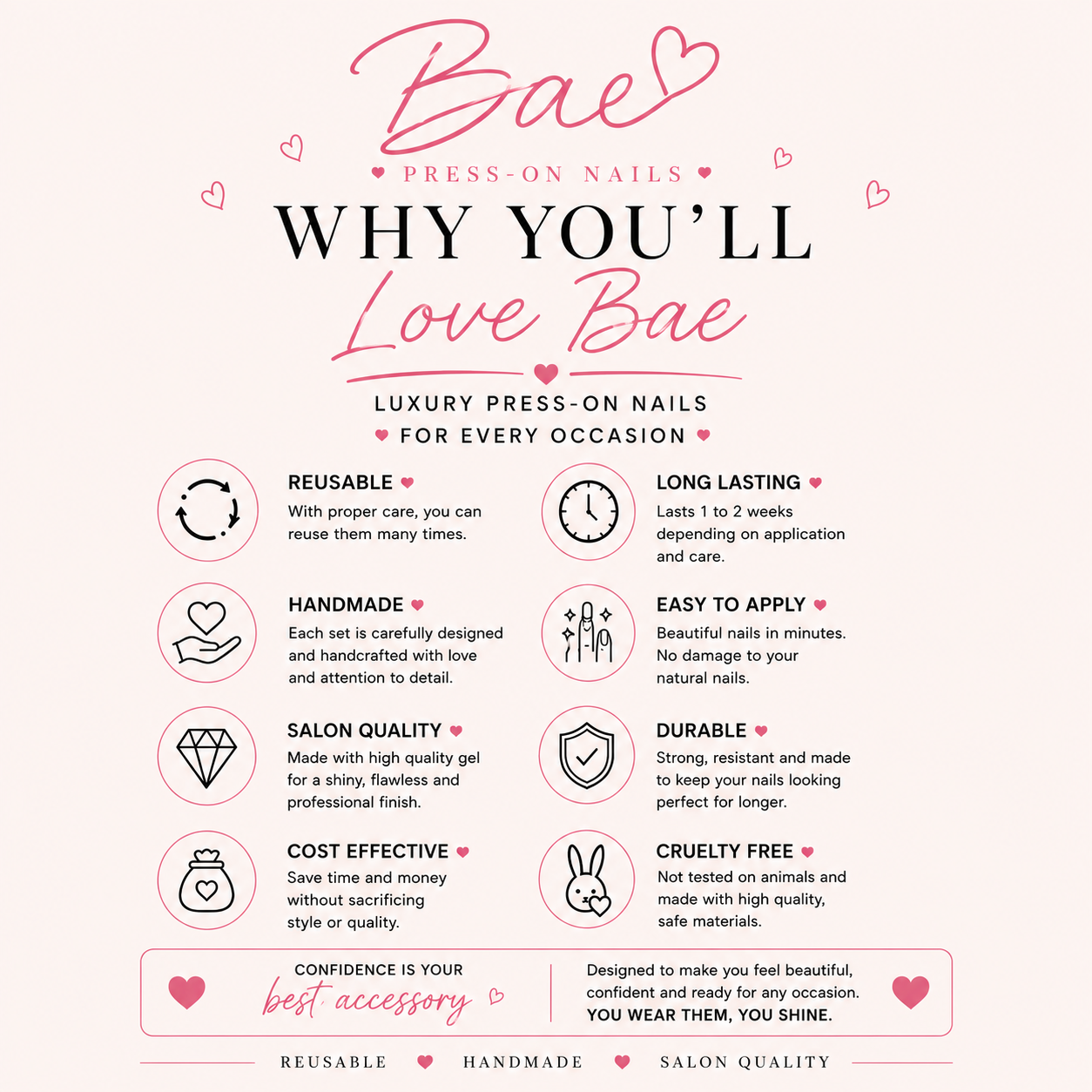 Care and benefits guide for Gallery Muse press-on nails, showing reusability and aftercare instructions.