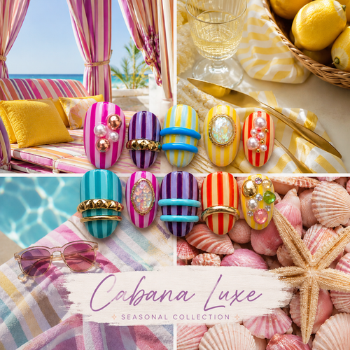 Cabana Luxe luxury press-on nails with colorful stripes, pearls, and gemstones