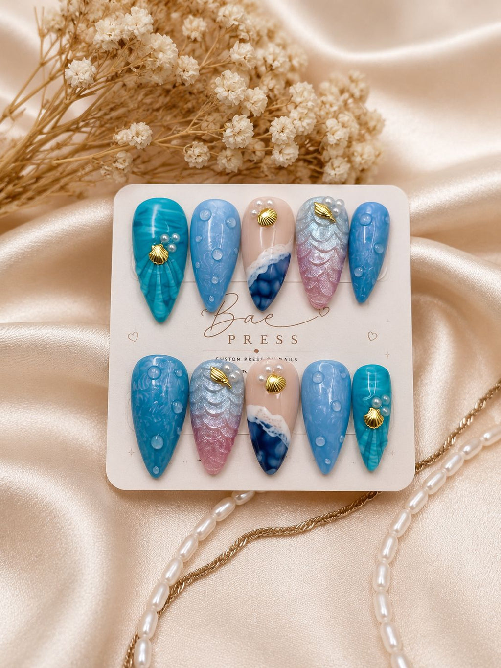 Ocean Siren blue mermaid-inspired luxury press-on nails