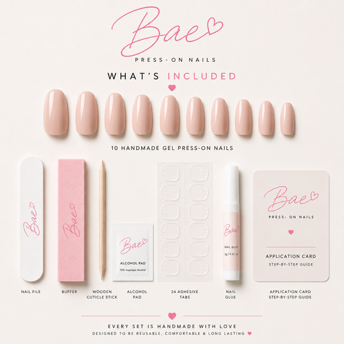 Gallery Muse press-on nail application kit including nail glue, adhesive tabs, alcohol prep pads, and cuticle tools